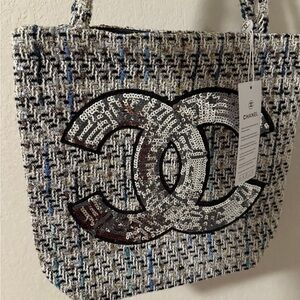 Authentic Chanel Tweed Tote with Silver Accents